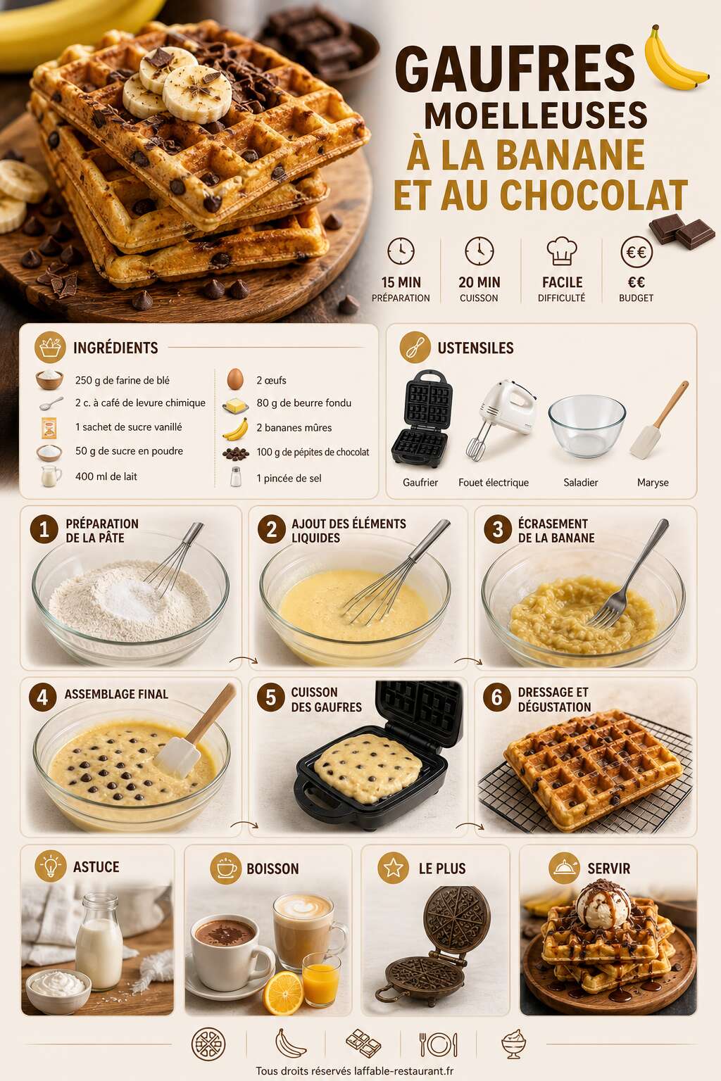 Fiche recette Recette de gaufres moelleuses à la banane et au chocolat Fiche recette Recette de gaufres moelleuses à la banane et au chocolat