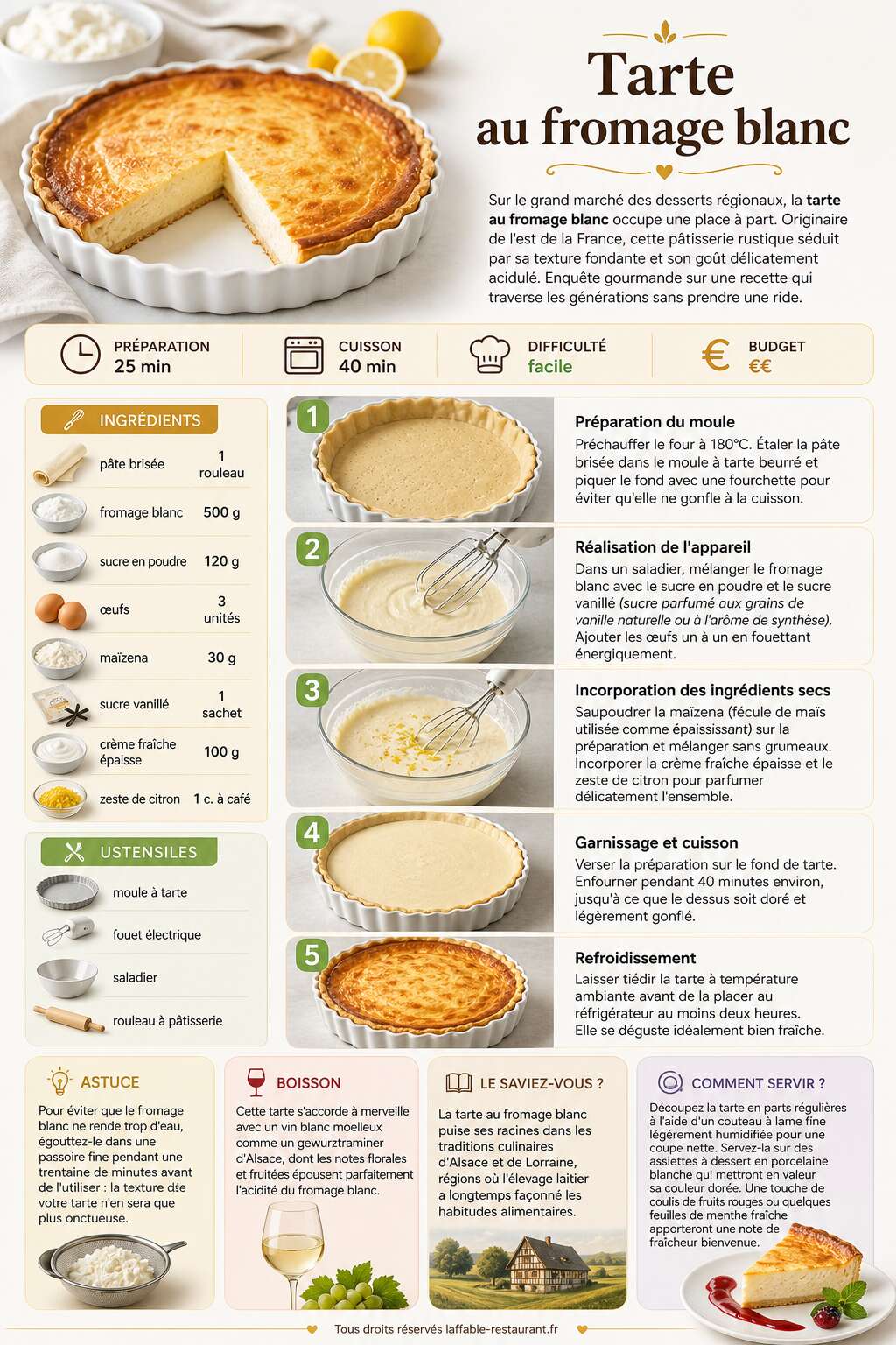 Fiche recette Recette de tarte au fromage blanc