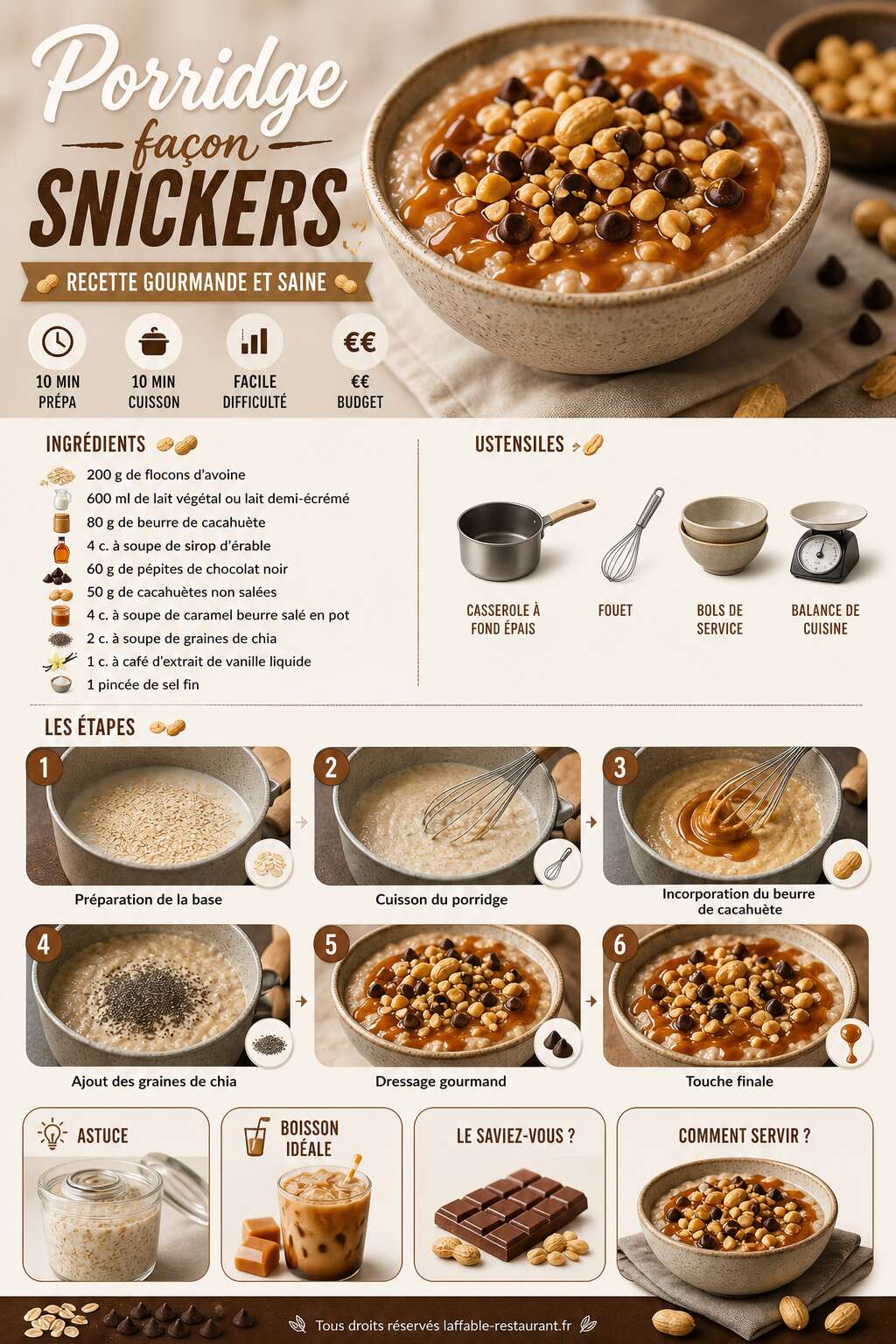 Fiche recette Porridge façon Snickers : recette gourmande et saine Fiche recette Porridge façon Snickers : recette gourmande et saine