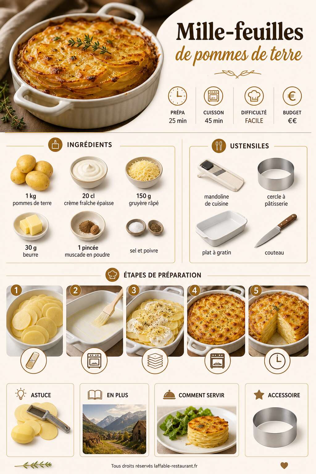 Fiche recette Recette de mille-feuilles de pommes de terre facile et savoureuse Fiche recette Recette de mille-feuilles de pommes de terre facile et savoureuse