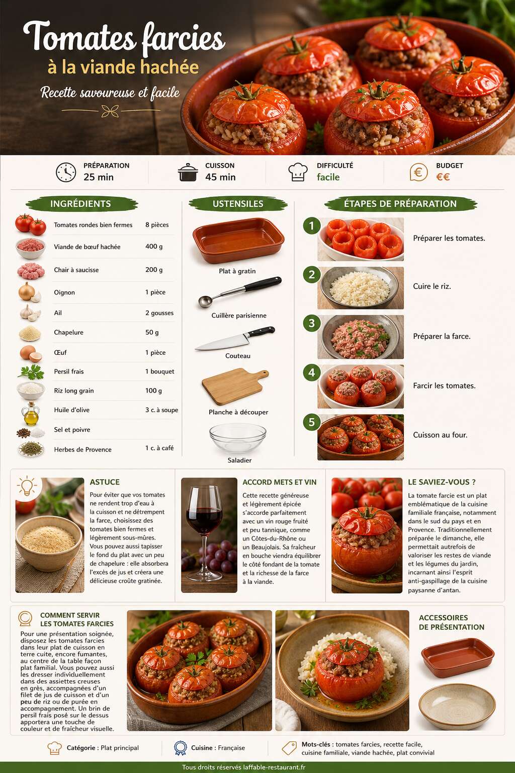 Fiche recette Tomates farcies à la viande hachée : recette savoureuse et facile Fiche recette Tomates farcies à la viande hachée : recette savoureuse et facile