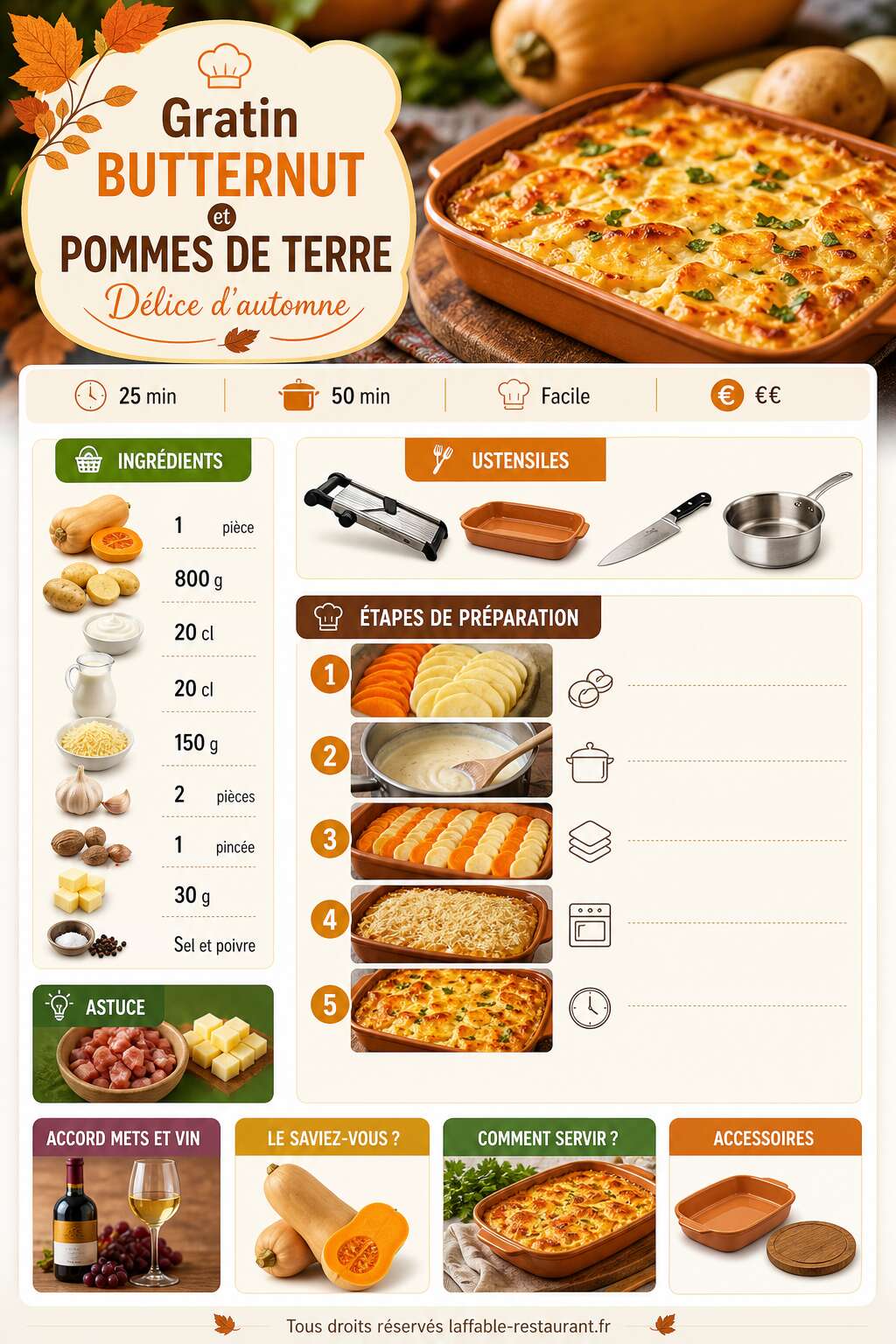 Fiche recette Recette gratin butternut et pommes de terre : délice d'automne Fiche recette Recette gratin butternut et pommes de terre : délice d'automne