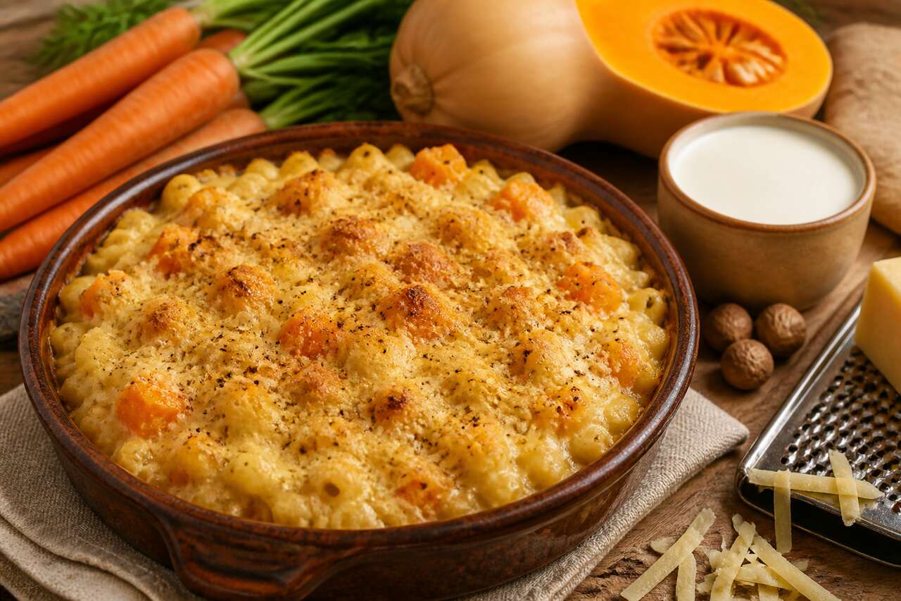 Gratin de pâtes carotte et butternut facile et savoureux