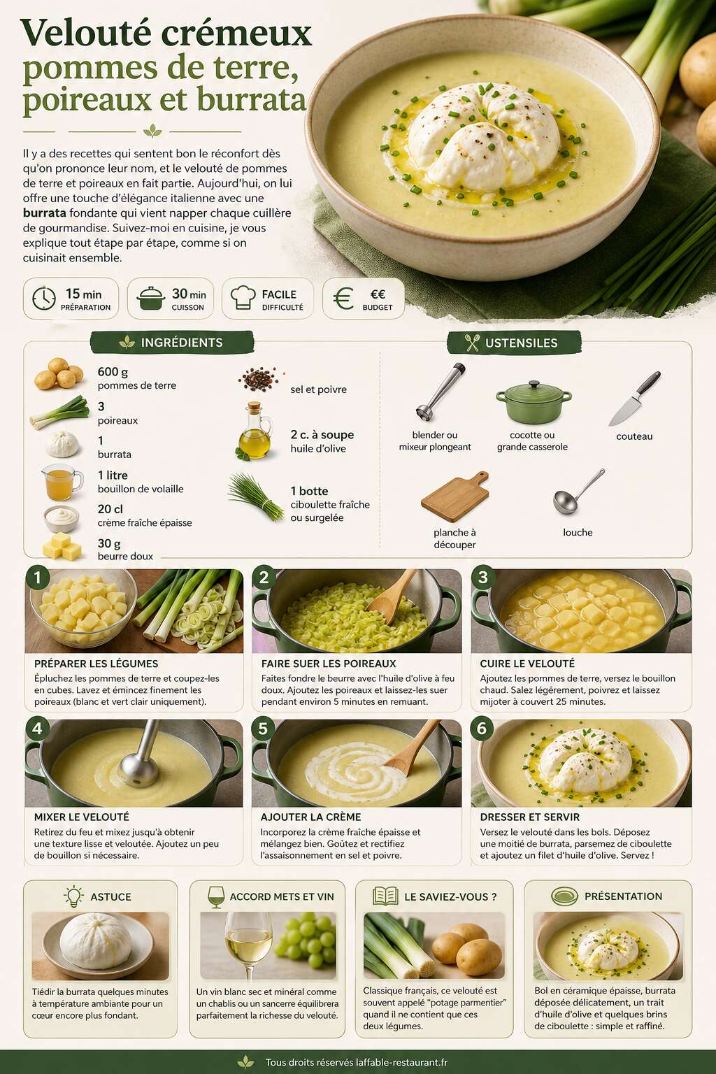 Fiche recette Velouté crémeux pommes de terre, poireaux et burrata Fiche recette Velouté crémeux pommes de terre, poireaux et burrata