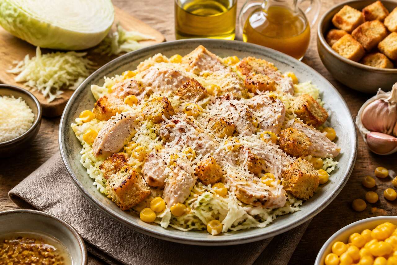 Salade au poulet : maïs, chou et croûtons croquants