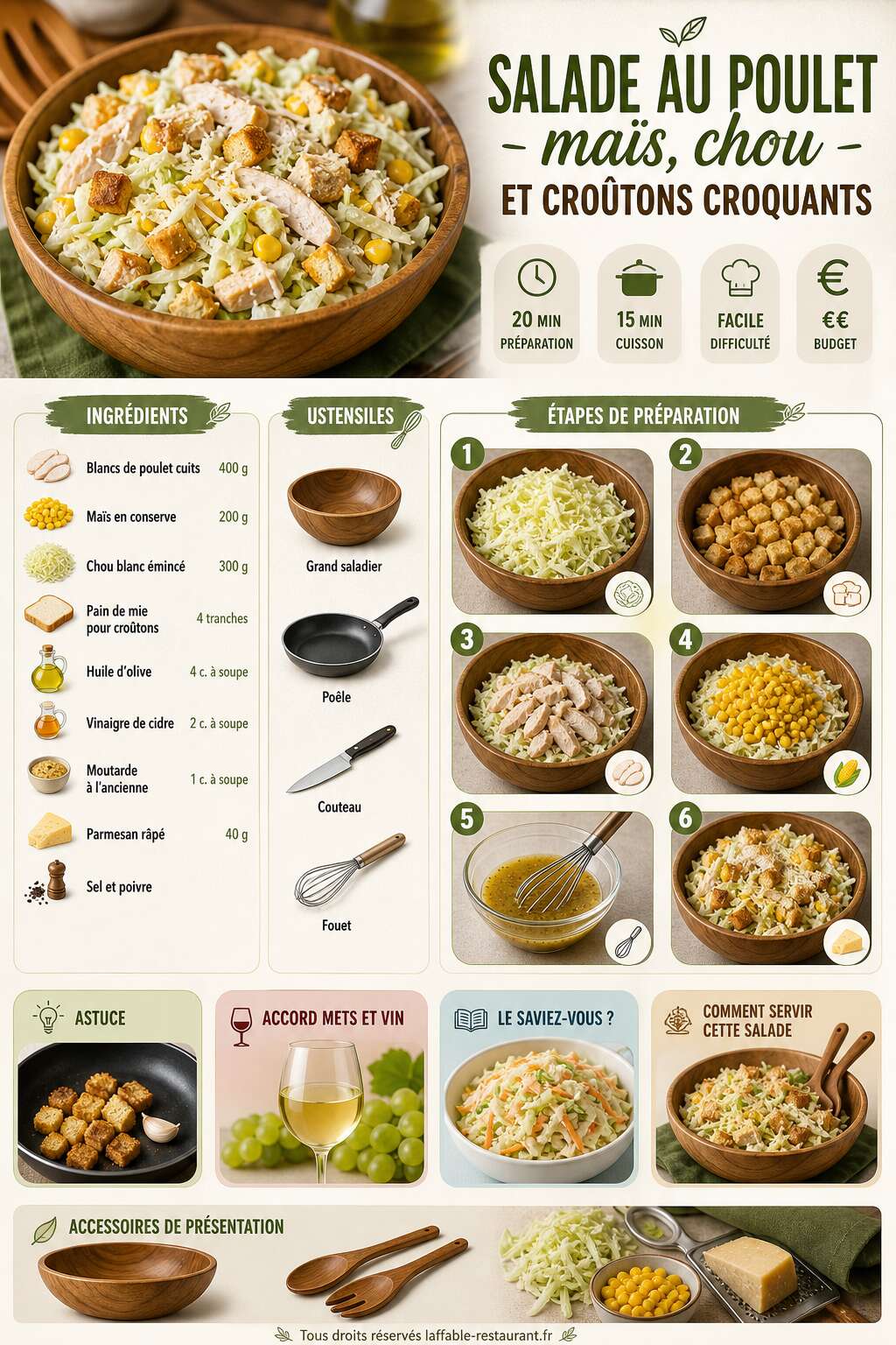Fiche recette Salade au poulet : ma&iuml;s, chou et cro&ucirc;tons croquants