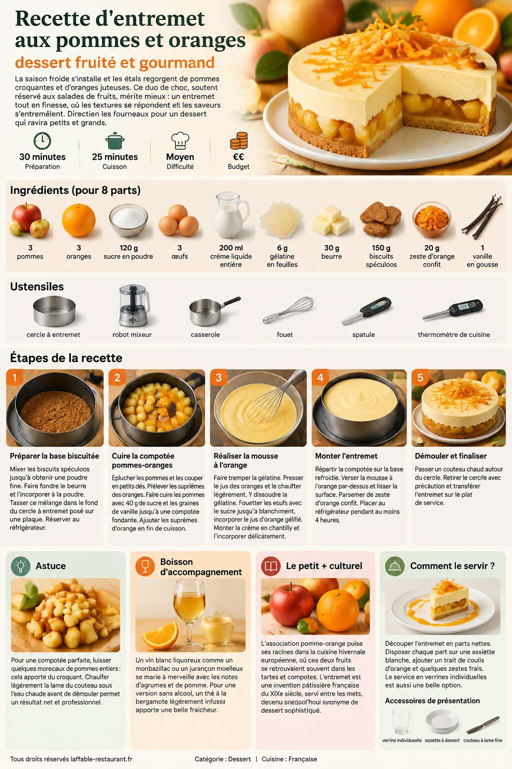 Fiche recette Recette d'entremet aux pommes et oranges : dessert fruité et gourmand Fiche recette Recette d'entremet aux pommes et oranges : dessert fruité et gourmand