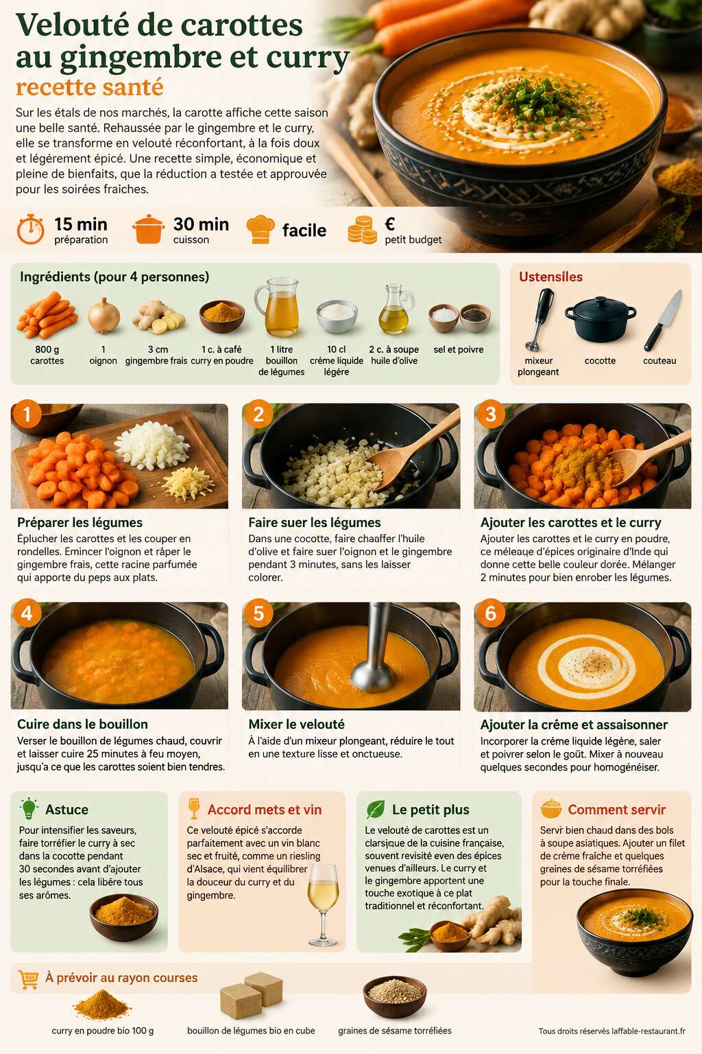 Fiche recette Velouté de carottes au gingembre et curry : recette santé Fiche recette Velouté de carottes au gingembre et curry : recette santé