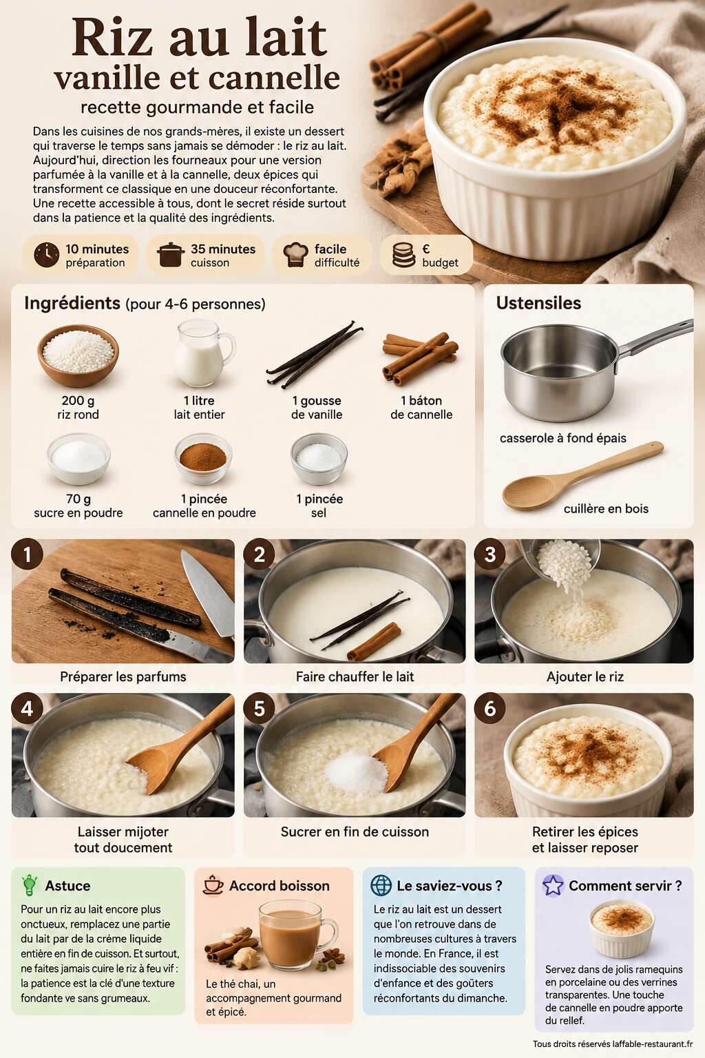 Fiche recette Riz au lait vanille et cannelle : recette gourmande et facile