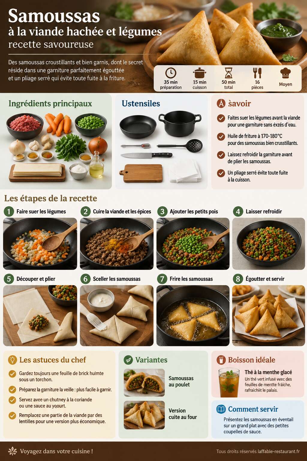 Fiche recette Samoussas à la viande hachée et légumes : recette savoureuse Fiche recette Samoussas à la viande hachée et légumes : recette savoureuse