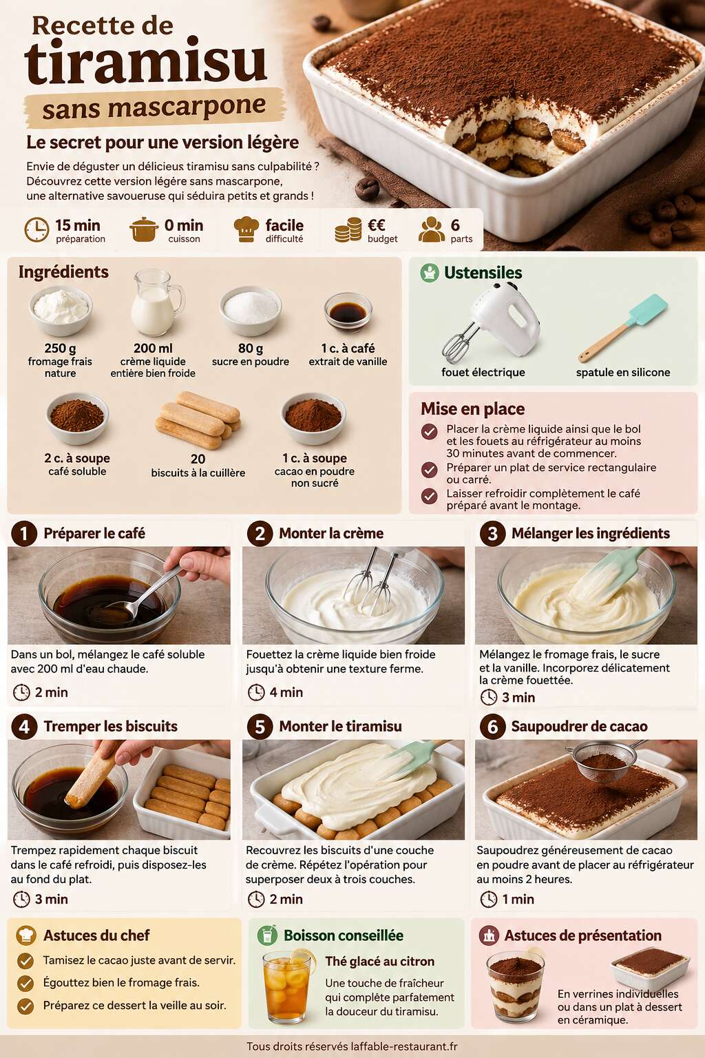 Fiche recette Recette de tiramisu sans mascarpone : le secret pour une version légère Fiche recette Recette de tiramisu sans mascarpone : le secret pour une version légère