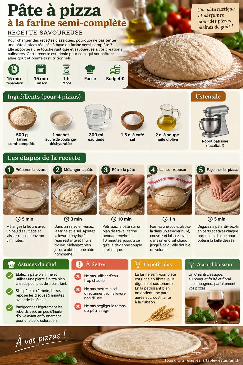 Fiche recette P&acirc;te &agrave; pizza &agrave; la farine semi-compl&egrave;te : recette savoureuse