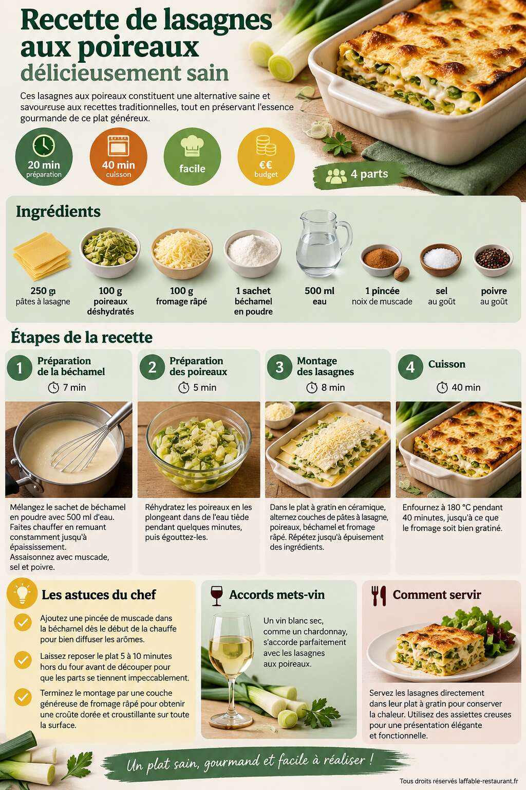 Fiche recette Recette de lasagnes aux poireaux : délicieusement sain Fiche recette Recette de lasagnes aux poireaux : délicieusement sain