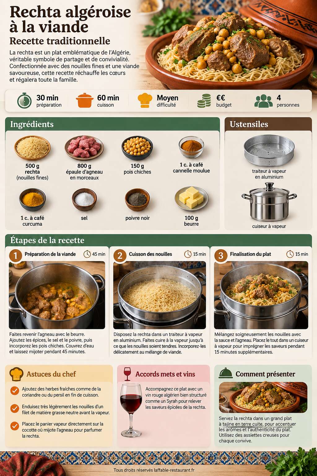 Fiche recette Rechta algéroise à la viande : recette traditionnelle Fiche recette Rechta algéroise à la viande : recette traditionnelle