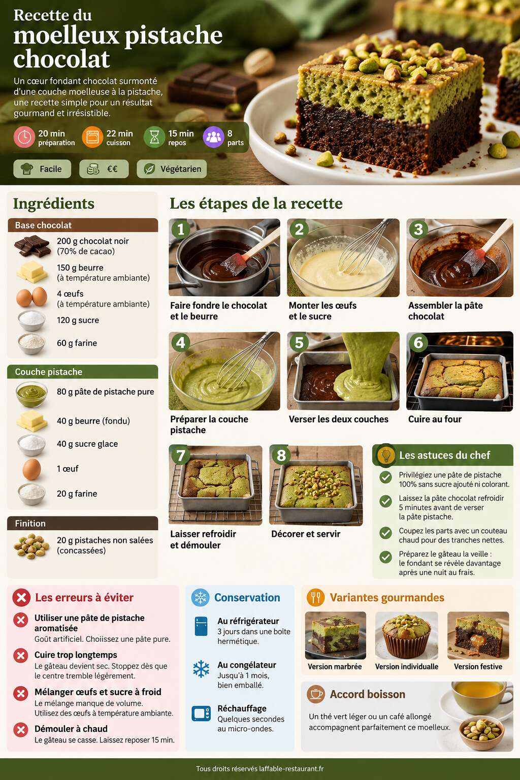 Fiche recette Recette du moelleux pistache chocolat Fiche recette Recette du moelleux pistache chocolat