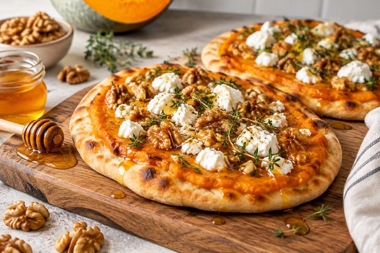 Pizza naans : recette potimarron et miel