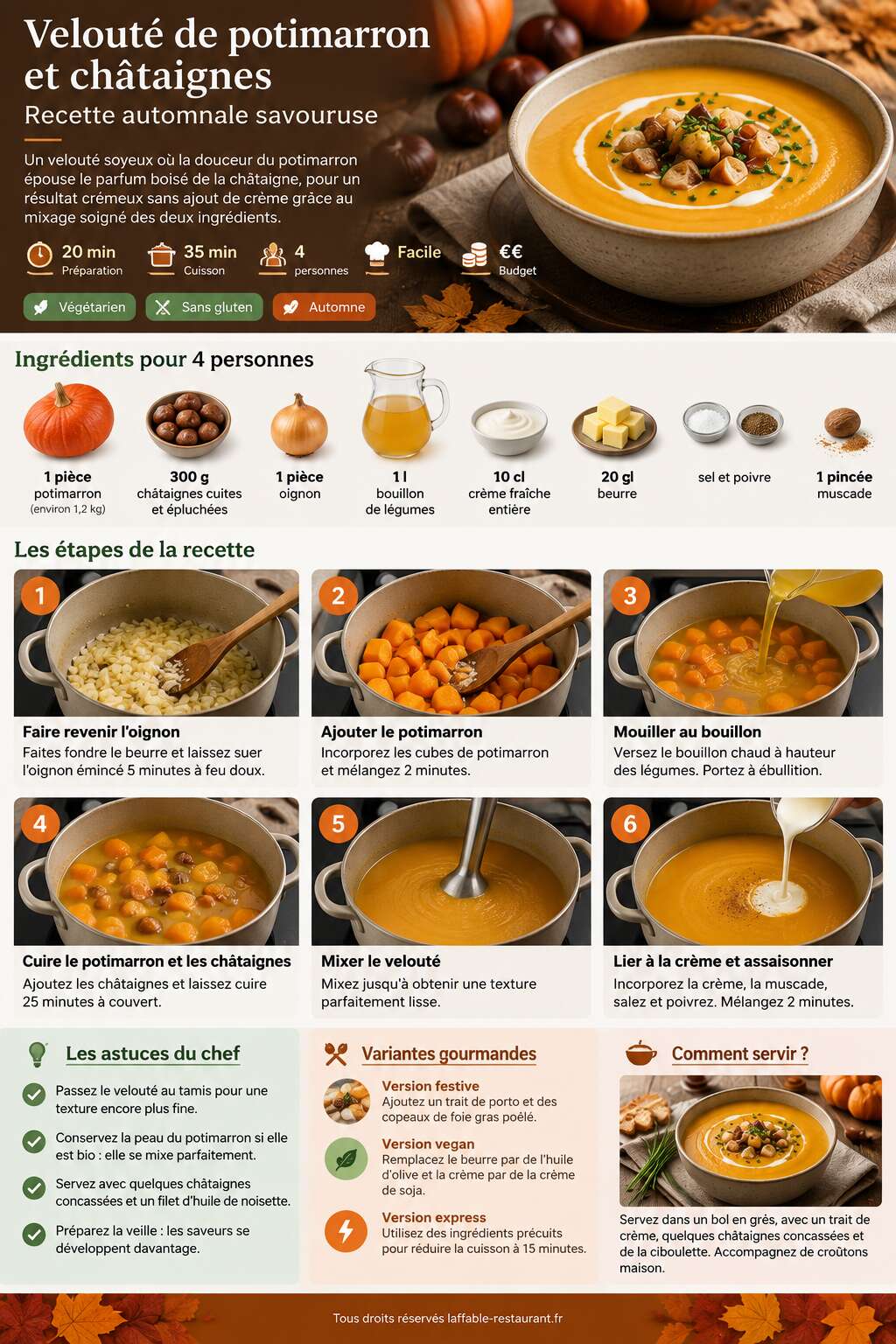 Fiche recette Velouté de potimarron et châtaignes : recette automnale savoureuse Fiche recette Velouté de potimarron et châtaignes : recette automnale savoureuse