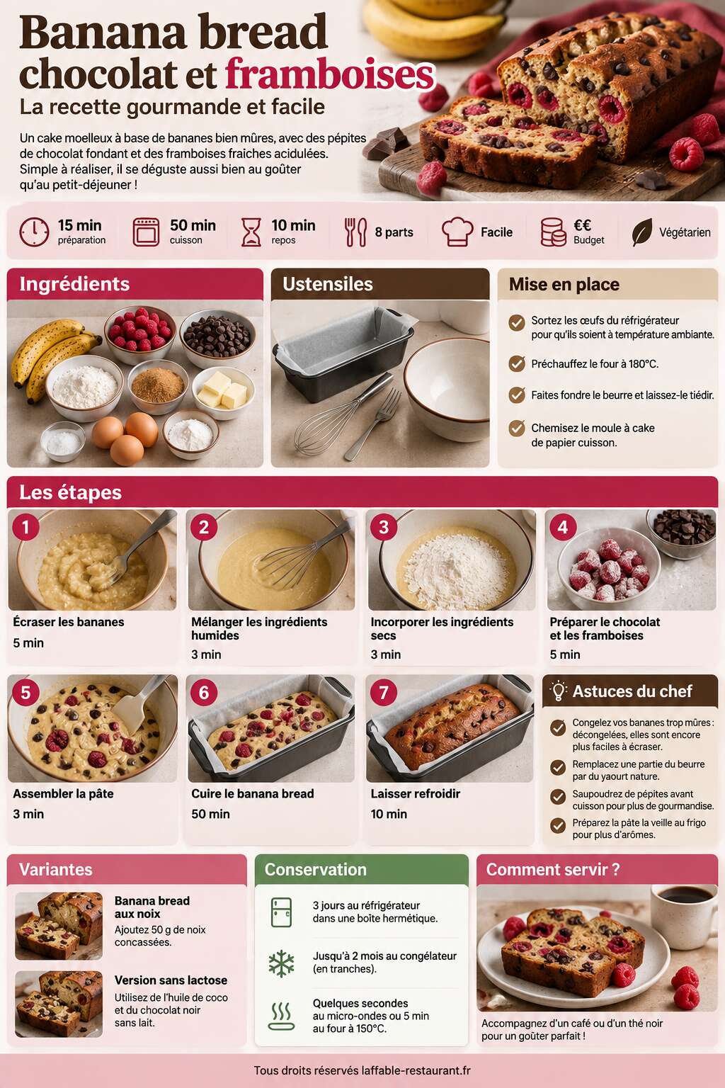Fiche recette Banana bread chocolat et framboises : la recette gourmande et facile Fiche recette Banana bread chocolat et framboises : la recette gourmande et facile