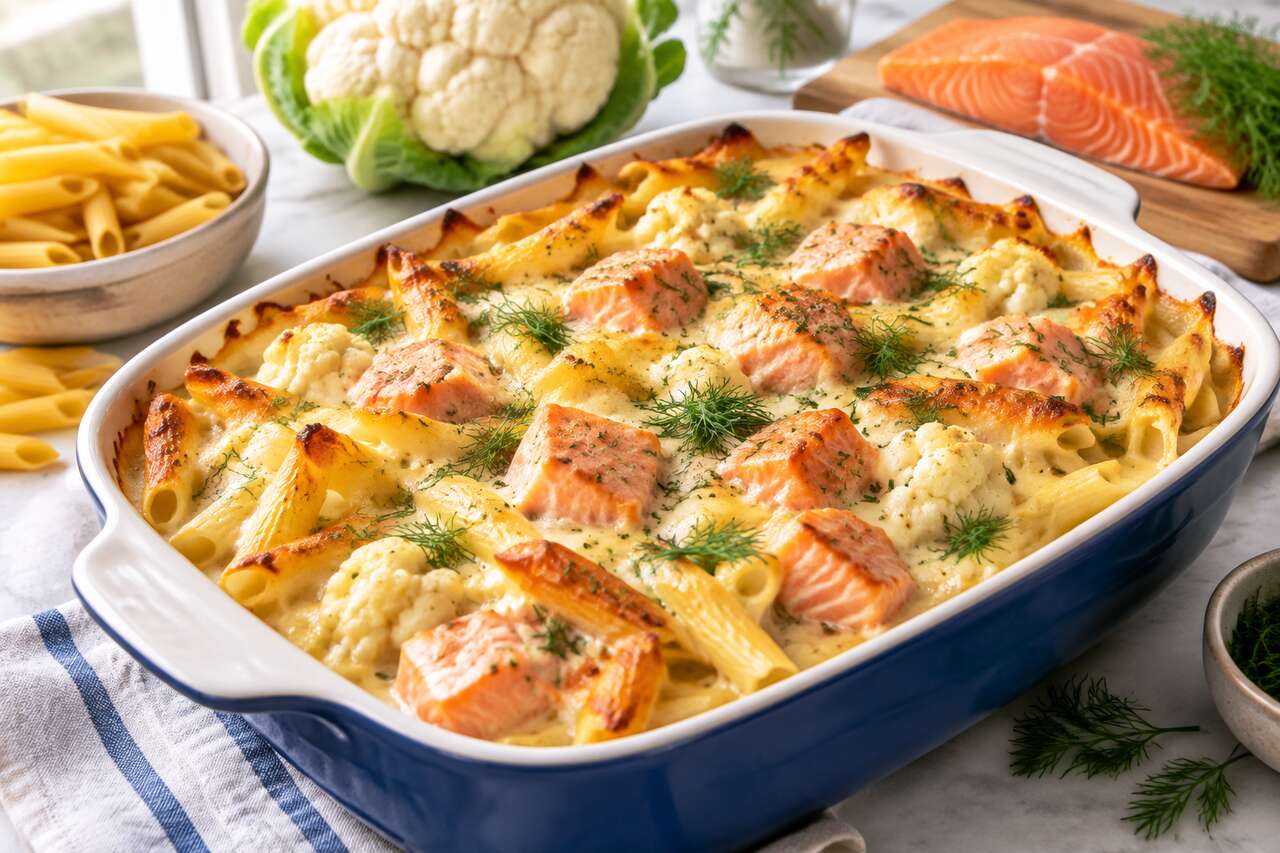 Gratin de pâtes au chou-fleur et saumon : recette délicieuse