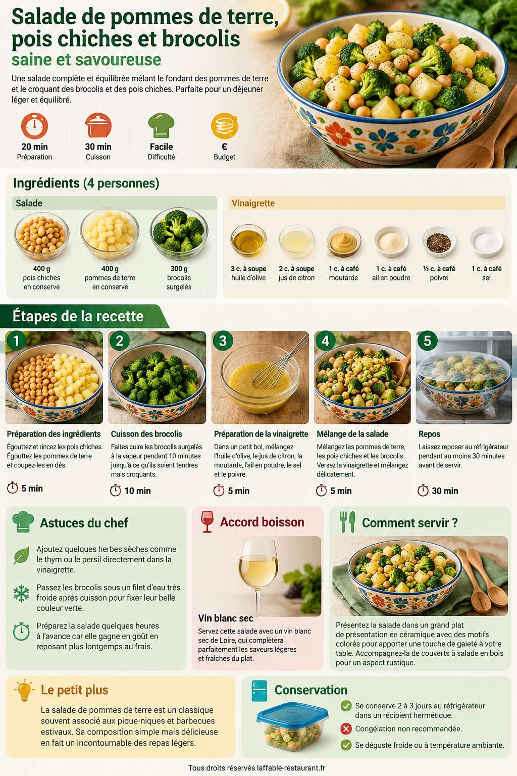 Fiche recette Recette de salade de pommes de terre, pois chiches et brocolis saine et savoureuse