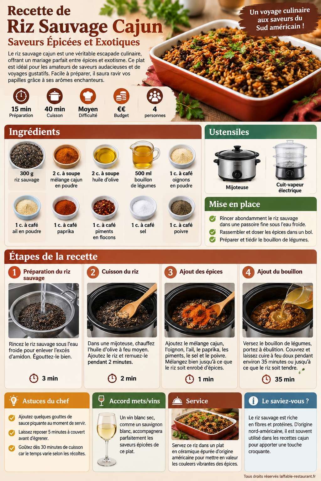 Fiche recette Recette de Riz Sauvage Cajun : saveurs Épicées et Exotiques Fiche recette Recette de Riz Sauvage Cajun : saveurs Épicées et Exotiques