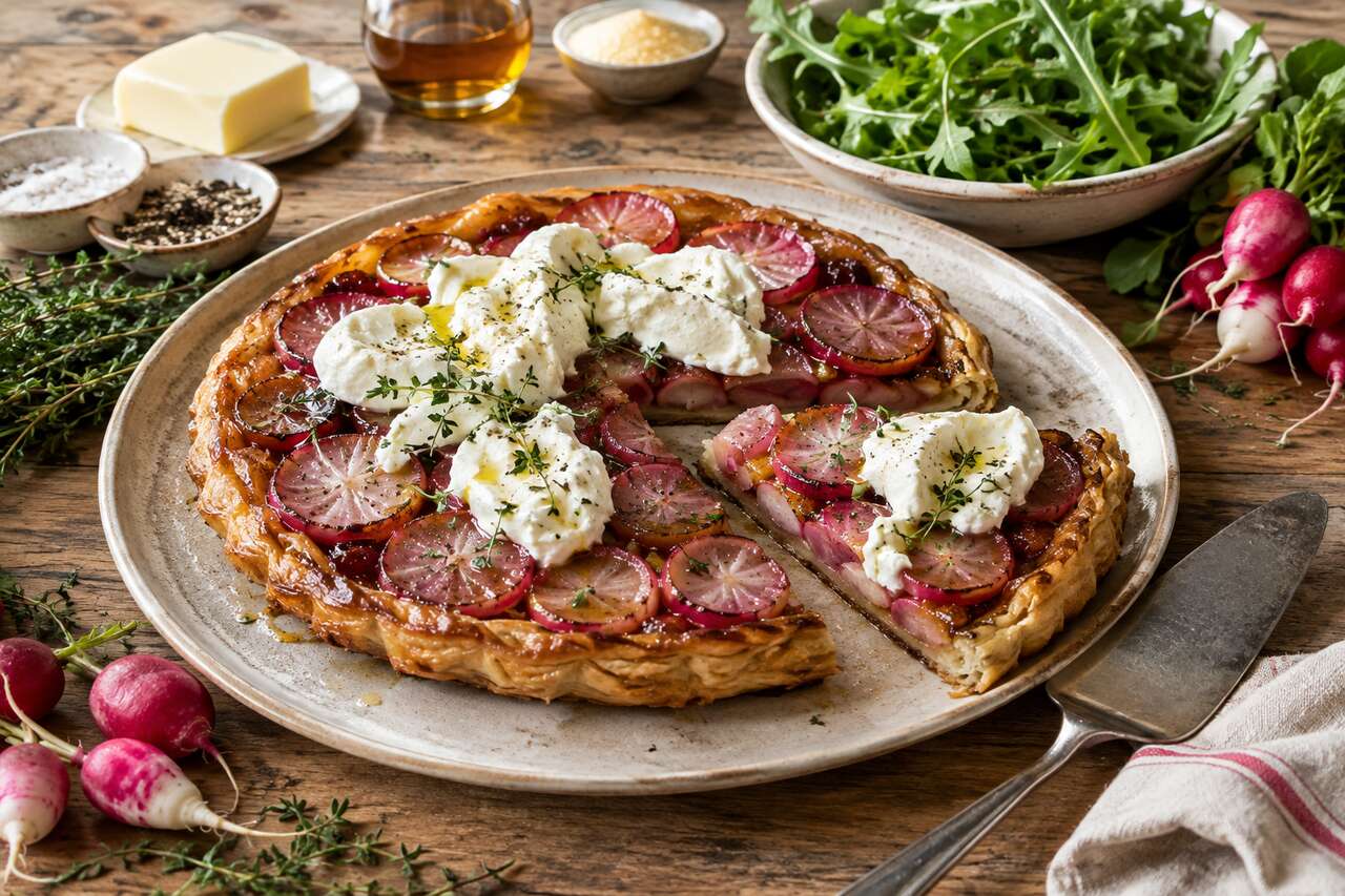 Tarte tatin de radis roses et burrata : recette gourmande