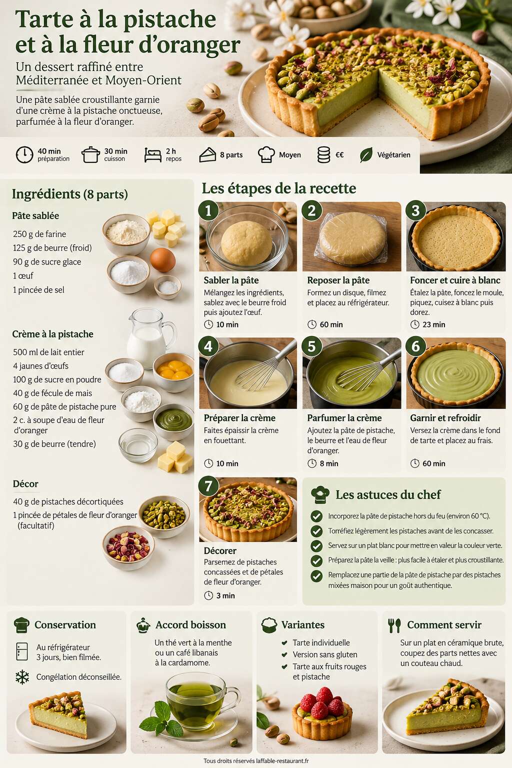 Fiche recette Recette de tarte à la pistache et à la fleur d'oranger Fiche recette Recette de tarte à la pistache et à la fleur d'oranger