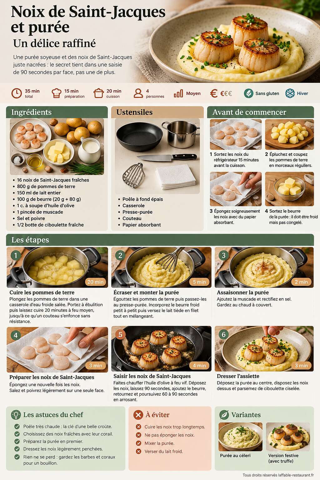 Fiche recette Recette de noix de Saint-Jacques et pur&eacute;e : un d&eacute;lice raffin&eacute;