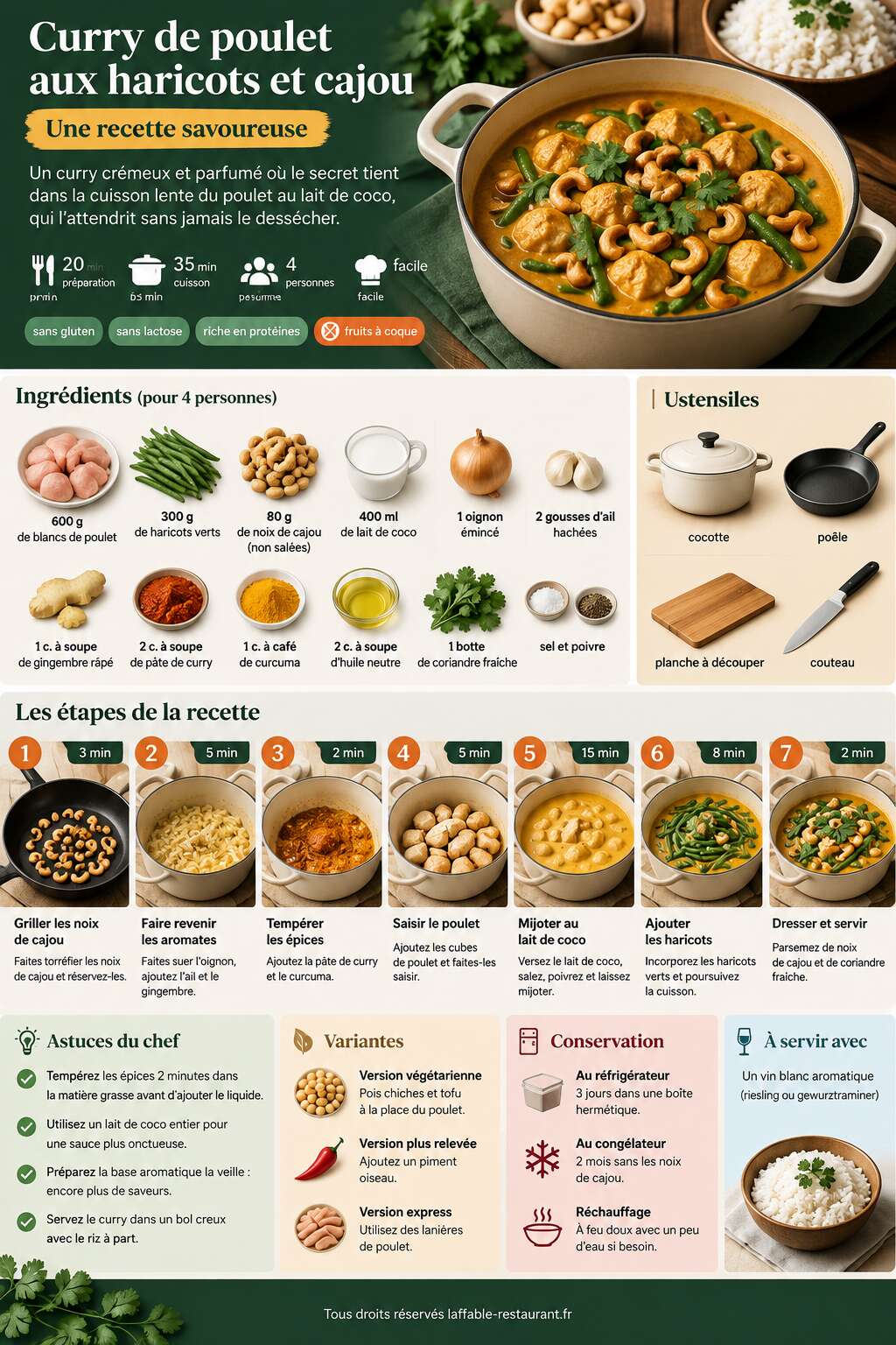 Fiche recette Curry de poulet aux haricots et cajou : recette savoureuse Fiche recette Curry de poulet aux haricots et cajou : recette savoureuse