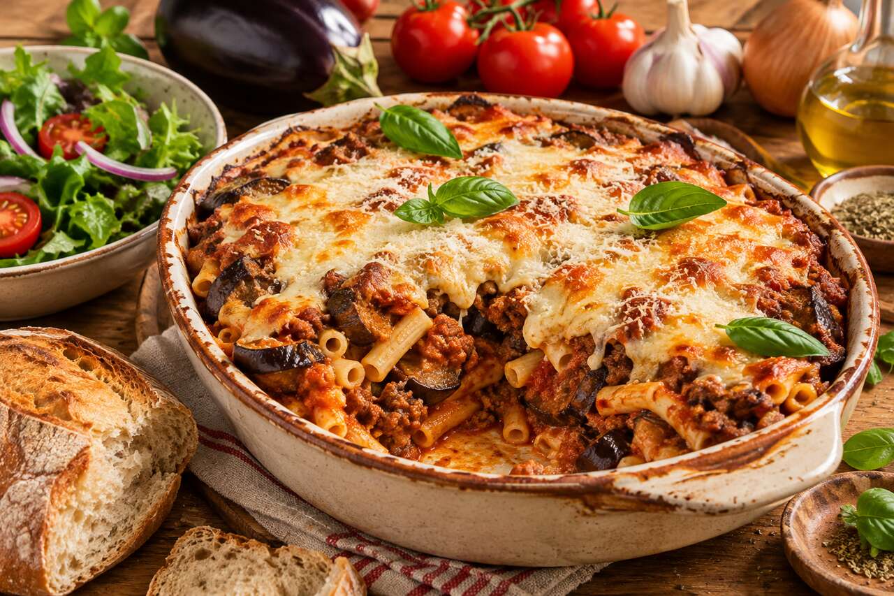Gratin de pâtes, aubergine et bœuf : recette savoureuse et facile